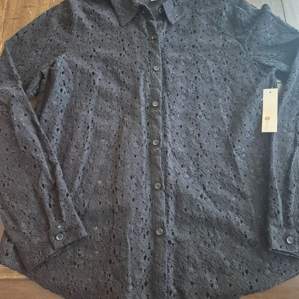Black Lace Button-Up Shirt By Rokoko size M - Picture 1 of 5